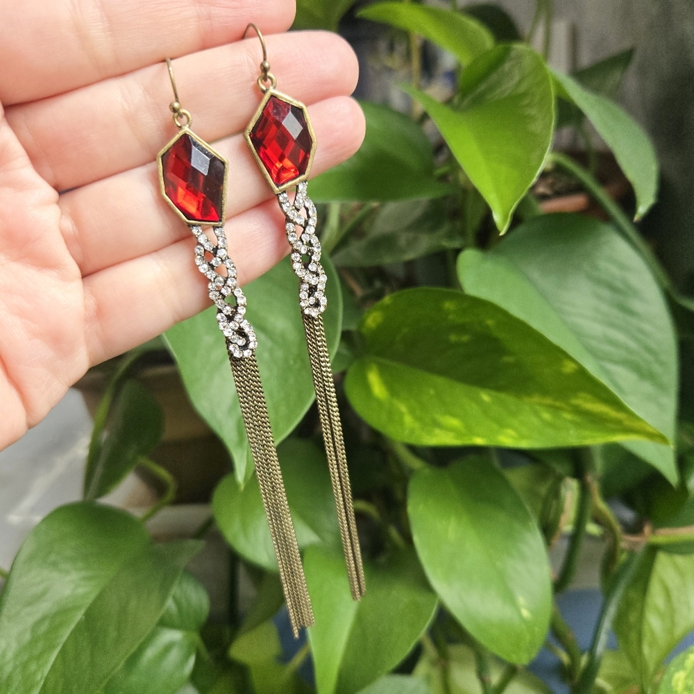 Pair of Gold Red Gemstone Drop Earrings